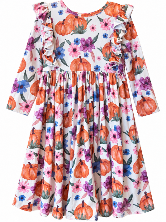 Pumpkin Floral Long Sleeve Dress