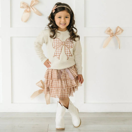 Girls Cinnamon Plaid Bow Patch Sweatshirt