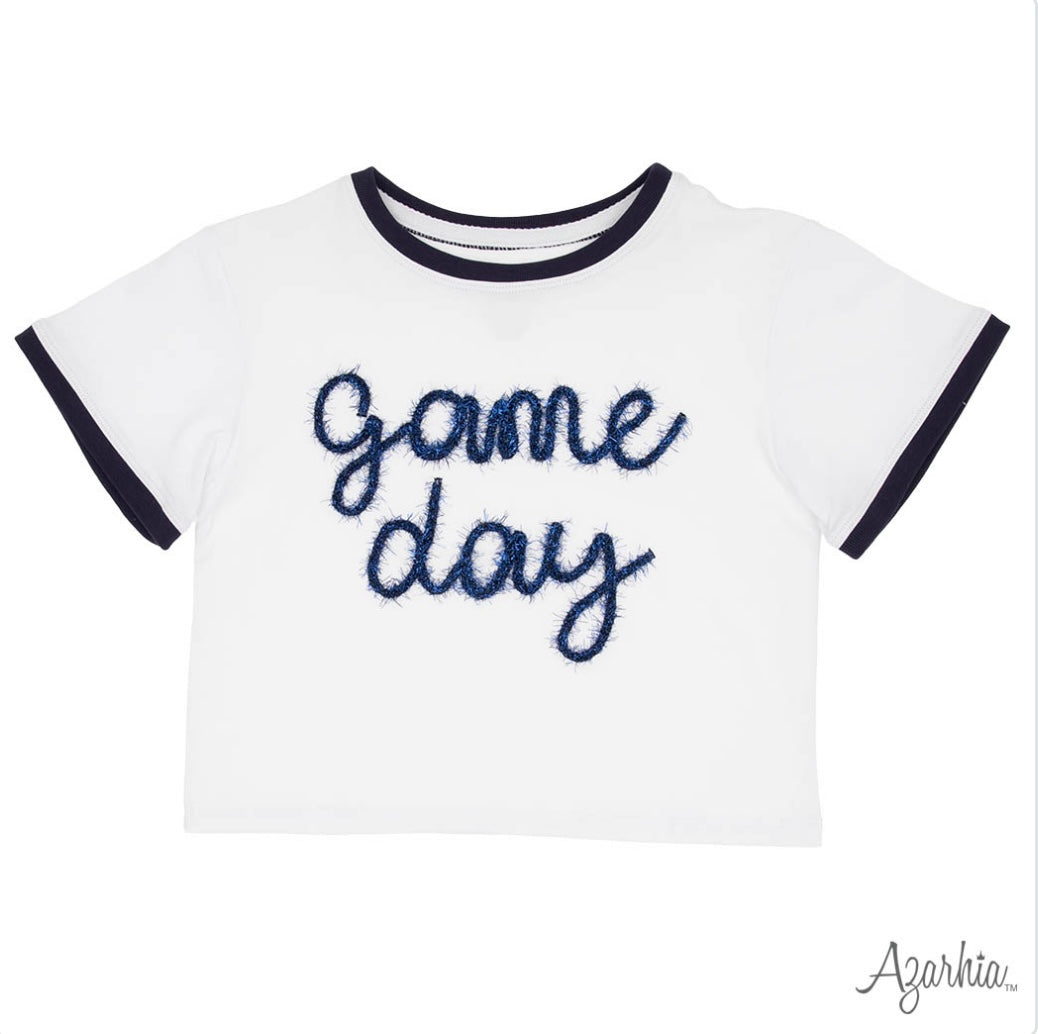 Tinsel Game Day Ringer Boxy T Navy