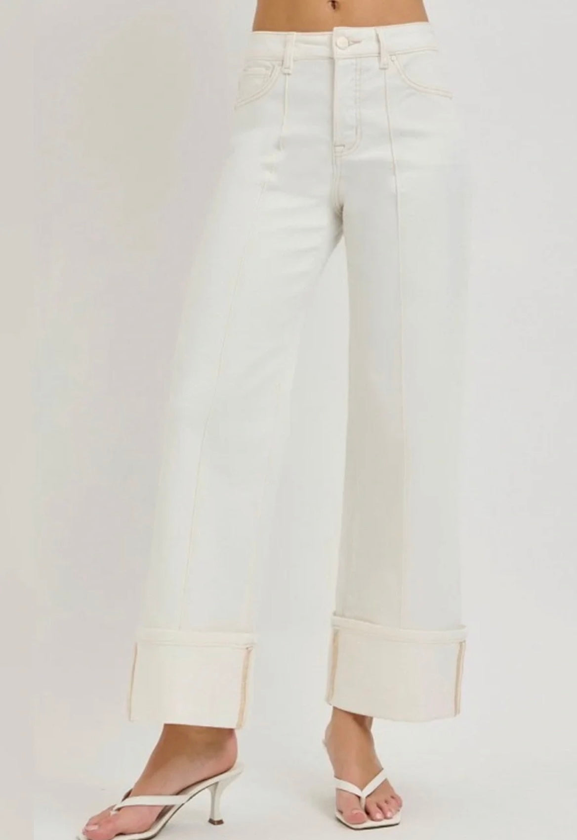 Cream Cuffed High Rise Jeans